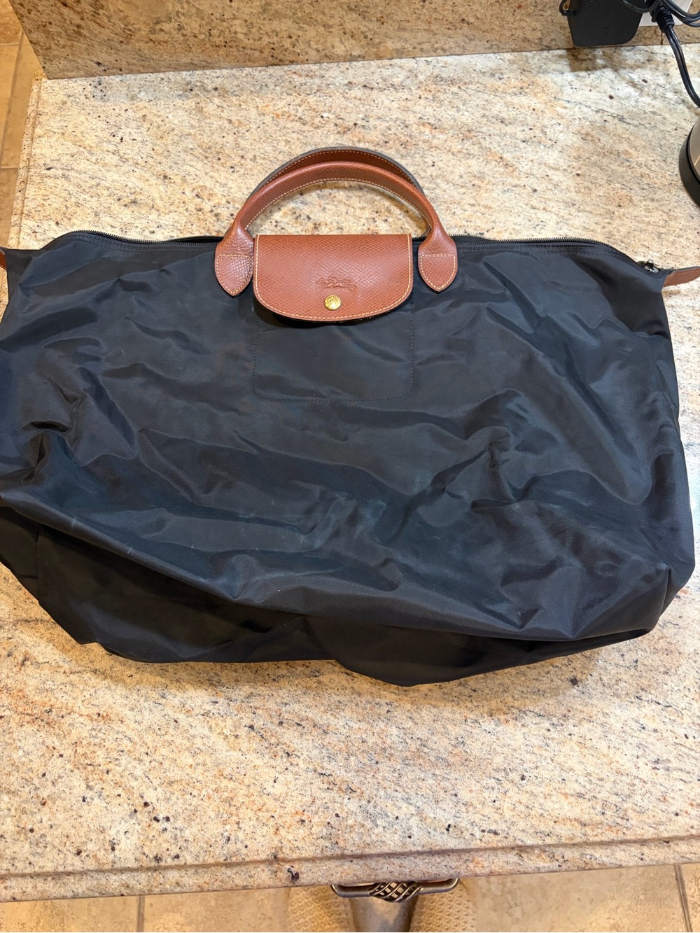 Longchamp Black Nylon Tote with Brown Leather Trim